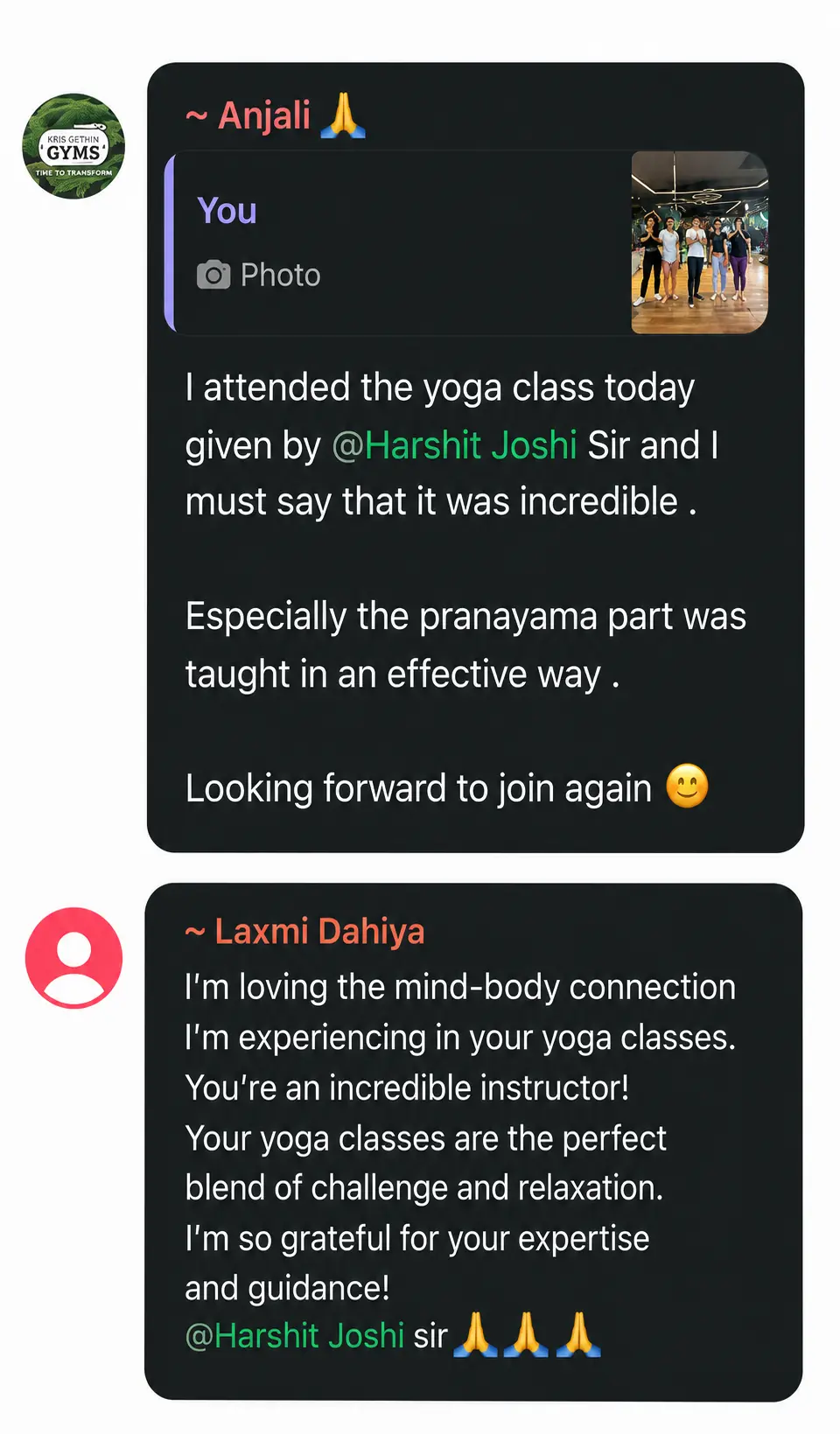 Pain relief yoga testimonial screenshot